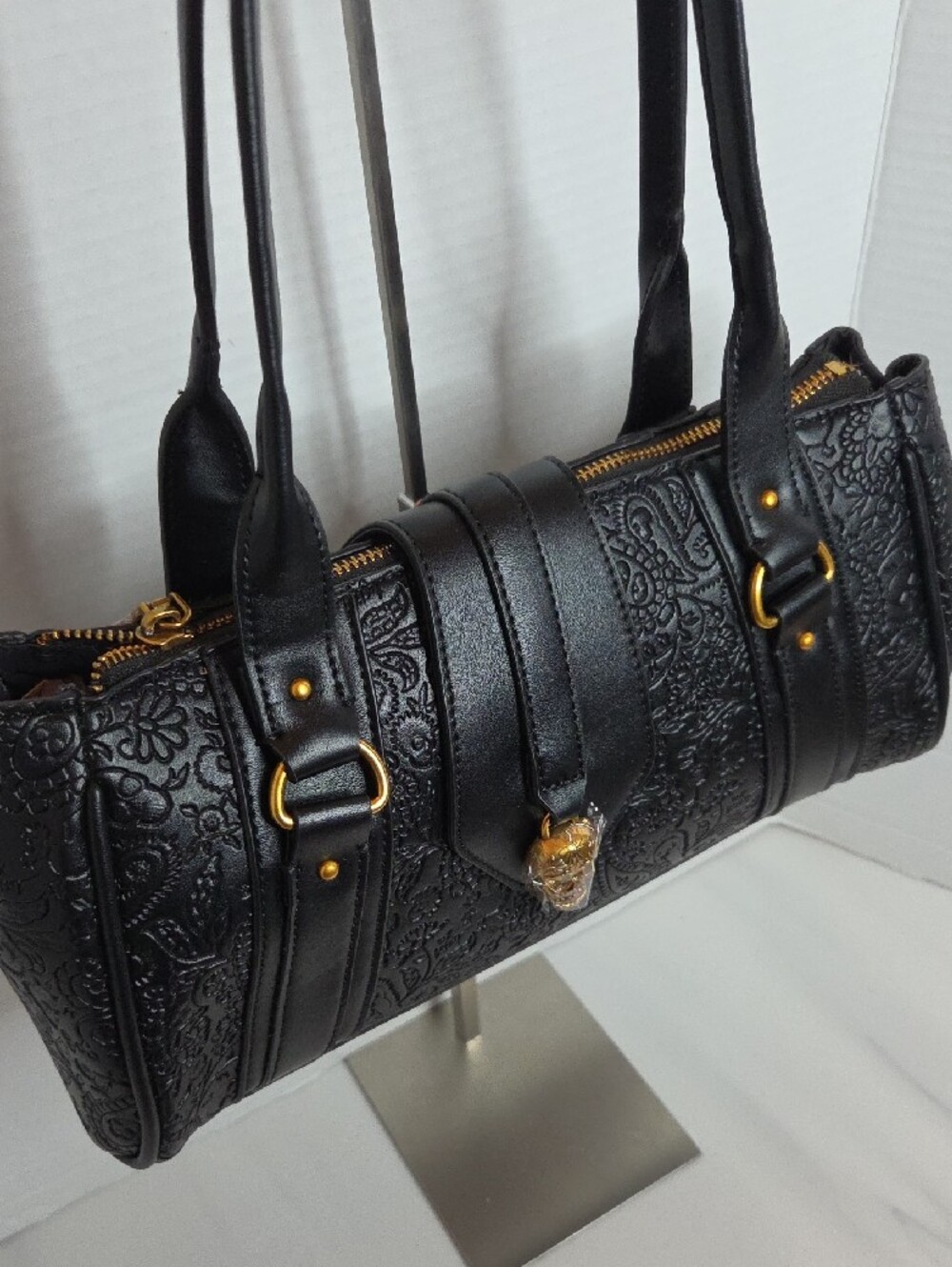 Betsey Johnson Black Embossed Barrel Shoulder Bag with Gold Skull Accent - Picture 2 of 11